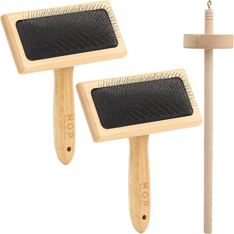 Varku 2PCS Wool Carders with Drop Spindle Set, Hand Carders Wool Needle Felting Brush, Drop Spindle Maple Top Whorl Spinning Smooth Finish, for Craft Felt Project - Image 1